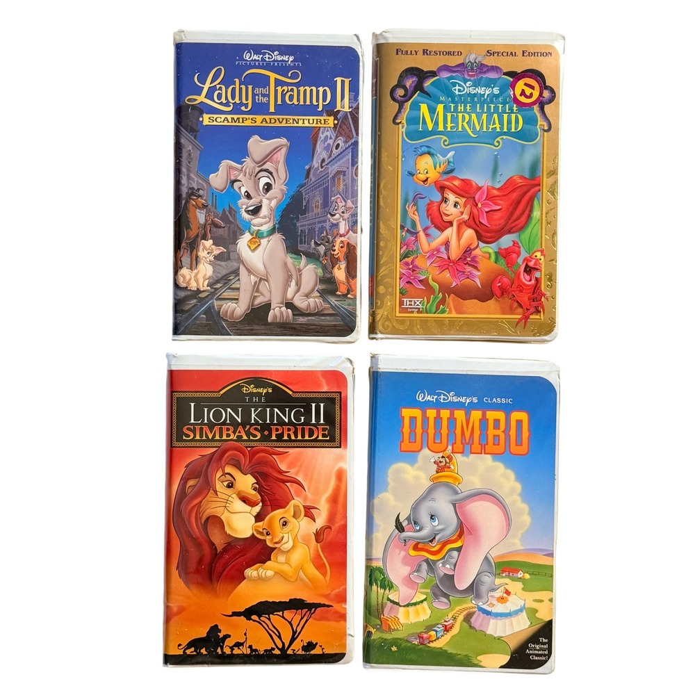 Disney VHS Lot of 4 Little Mermaid Dumbo Lion King Kids Movies 90s Vintage